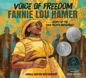 woman in a yellow dress. Two award stickers on cover.