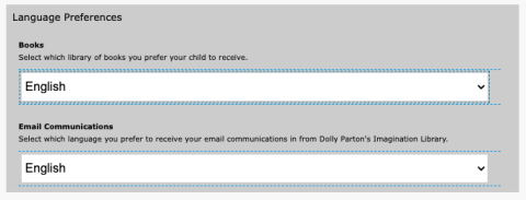 Screenshot of the Books from Birth Registration Form showing where families can select the language they would like to receive titles and email communications in.